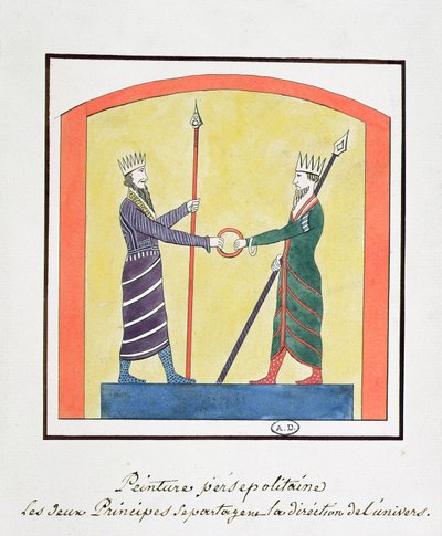 Ahura Mazda og Angra Mainyu bestrider verden, kopi av en frise fra Persepolis av French School