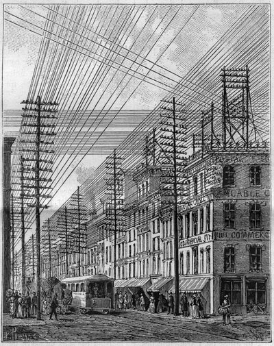 Air elektriske ledninger, i Philadelphia (USA), hjørnet av Chestnut street og tredje gate. Gravering i "" La Nature. Revue des sciences et de ses applications aux arts et a l