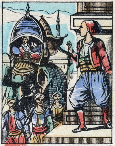 Aladin forelsker seg i sultanens datter. Gravering av historien om tusen og én natt "" Aladin og den fantastiske lampen"". Epinal avbildning, slutten av 1800-tallet. Privat samling. av French School