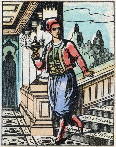 Aladin with the magic lamp no longer finds his way. Engraving of the tale of Thousand and One Nights “” Aladin and the Wonderful Lamp””. Epinal imaging, late 19th century. Private collection. av French School