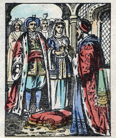 Aladins bryllup med sultanens datter. Gravering av historien om tusen og én natt "" Aladin og den fantastiske lampen"". Epinal avbildning, slutten av 1800-tallet. Privat samling. av French School