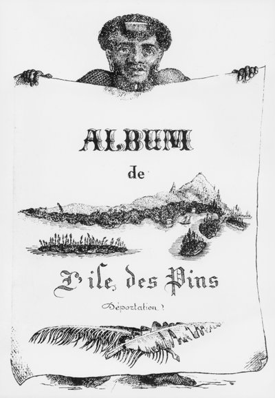 Album of the Isle of Pines, New Caledonia, deportasjon, illustrasjon på forsiden, 1877 (bw litho) av French School