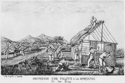 Album of the Isle of Pines, bygging av en halmhytte av de deporterte, 1878-79 av French School