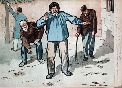 Alkoholikere i fattighuset, kopi av en detalj fra Dr Galtier-Boissiere veggmaleri om farene ved alkoholisme, slutten av 1800-tallet (farge litho) av French School