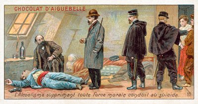 Alkoholisme undertrykker all moralsk styrke og fører til selvmord (chromolitho) av French School