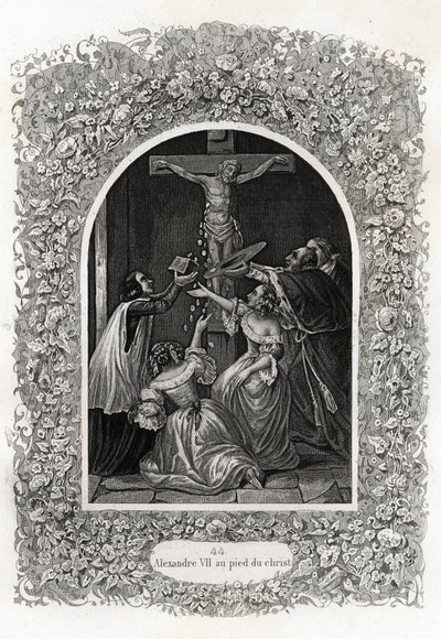 Alexander VII (Alexander oder Alessandro) (Papst von 1655 bis 1667) zu Füßen Christi. Gravur zur Illustration von Histoire des popes von Maurice Lachatre (1814-1900), librairie du progres, Paris von French School