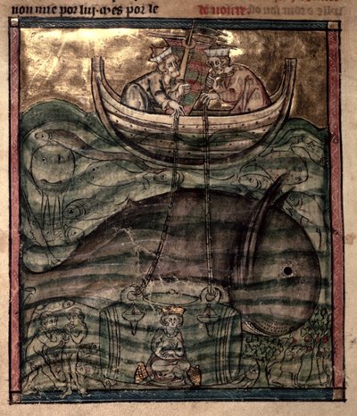 Aleksander den store senket ned på havbunnen i et glassbur, fra «L#39;Histoire du Noble et Valliant Roy Alixandre le Grant» av French School