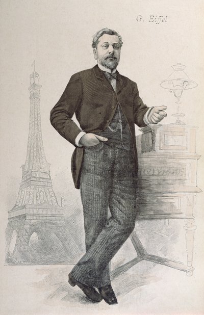 Alexandre Gustave Eiffel poserer ved skrivebordet sitt med en tegning av Tour Eiffel, illustrasjon fra La Revue Illustree, 1888 av French School