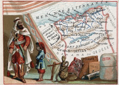 Algerie i Afrika og provinsen Oran, Frankrike. Serie om de franske avdelingene. Import av fiken, bomull, tobakk, agathe og bly. Chromolithography (Chromo) "" den geografiske tråden"", ca 1920. Privat samling. av French School