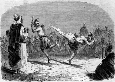 Algerian custom: Arabic dance. Drawing by Mr. Rigo, based on a sketch by Mr. Ameler, battalion leader. Engraving in “” Le Monde Illustré”” n°86 of 11 December 1858. av French School