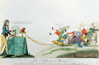 Alle faller ned, elektrisiteten generert av erklæringen om menneskerettigheter under den franske revolusjonen velter tronene og monarkene i Europa, ca. 1793 av French School