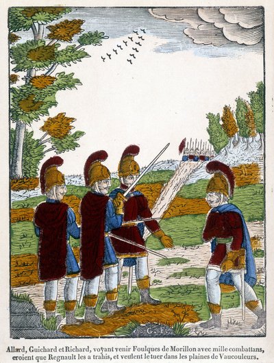 Allard, Guichard og Richard, som ser Coots of Morillon komme med tusen jagerfly tror at Regnaut forrådte dem, og ønsker å drepe ham på slettene til Vaucouleurs. Bilde av Epinal fra 1825 som viser en scene av det episke diktet fra slutten av 1. av French School