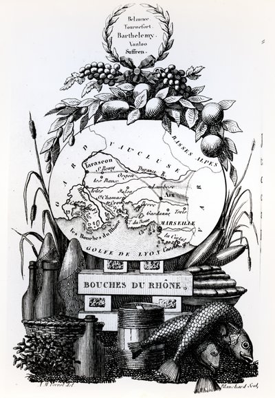 Allegorisk kart over Bouches-du-Rhone-avdelingen, ca. 1830 av French School