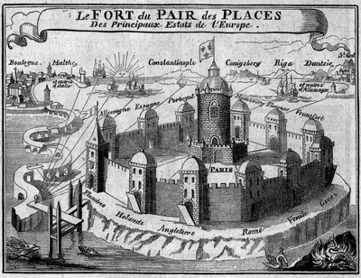 Allegori om forholdet mellom verdens viktigste handelsbyer: Paris er en festning beskyttet av voller, som hver representerer et land eller hovedstad i Europa. Utdrag fra «Livre des monnoyes etrangeres ou le grand banker de France» (1687) av Franc av French School