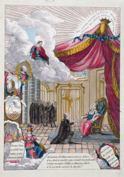 Allegori av rapporten gitt til Louis XVI (1754–93) av Jacques Necker (1732–1804) i 1781 (fargegravering) av French School