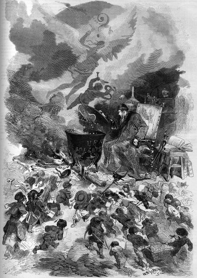Allegori om folkeavstemningen til Napoleon III i 1870. Avstemningsurnen blir en gryte der folkeavstemningen ulmer. Ild blir matet av den døde veden til det gamle treet i den franske grunnloven. Gravering av Edmond Morin i "" The Illustrous Worl av French School