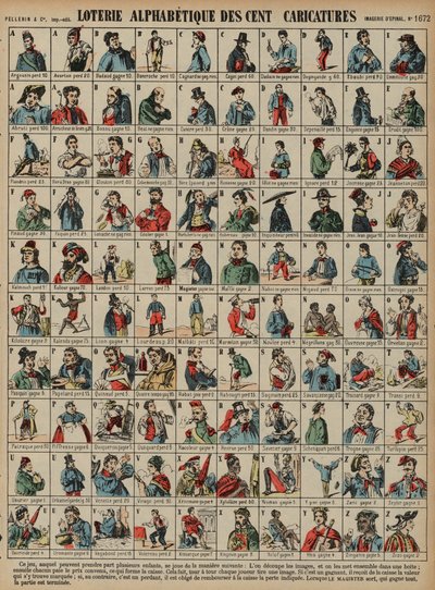 Alfabetisk lotteri på hundre karikaturer (farget gravering) av French School