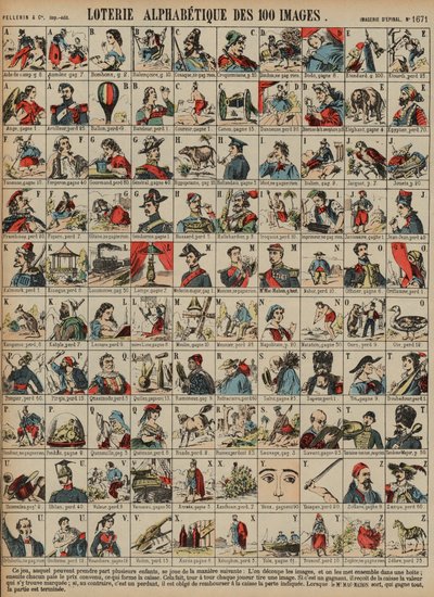 Alfabetisk lotteri på hundre bilder (farget gravering) av French School