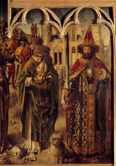 Altertavle av parlamentet i Paris: detalj av den høyre delen som representerer den kristne martyren Saint Denis av Paris (3. århundre) er halshugget og holder hodet i hendene, ved siden av ham keiser Karl den Store (742-814) som en bysantinsk keiser. Hunde av French School