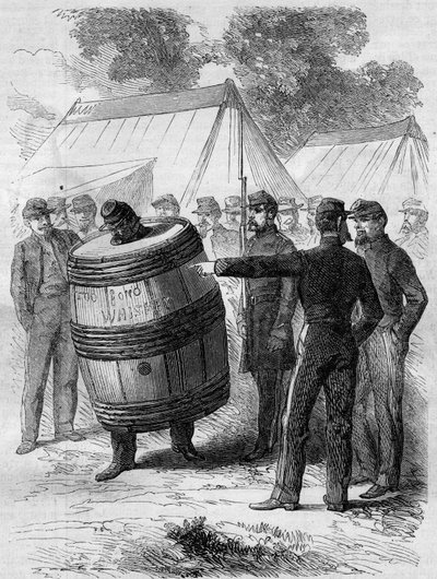 Amerikansk borgerkrig (1861-1865): straff for en full soldat fra den konfødererte hæren. Han har på seg en tønnepierce og rullator gjennom leiren under det morsomme blikket til andre soldater. Gravering i "" Le Monde Illustré"" nr. 276  av French School