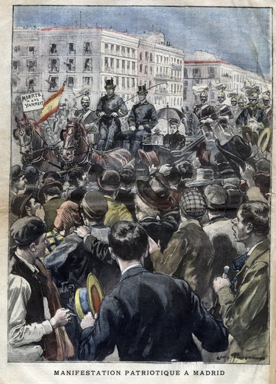 Amerikansk Hispano-krig (eller Desastre av 1898) - patriotisk demonstrasjon i madrid i 1898 i nærvær av dronning Mary Christine av Spania (1858-1929) - gravering i "La petite Gironde" fra 1898 av French School