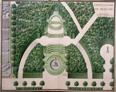 Amphitheatre of Mercury, fra Gardens of Marly, tidlig på 1700-tallet (wc på papir) av French School