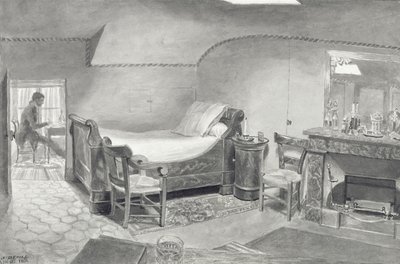 Et loftsinteriør til en kunstner i Paris, ca. 1830 (penn og sepia blekk og sepia wc på papir) av French School