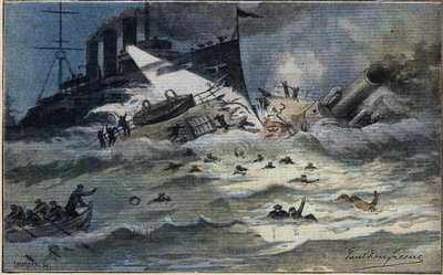 En engelsk torpedo delt i to, fra avisen "Le Petit Parisien"" av French School
