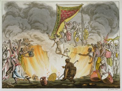 En indisk enke brenner i hjel med ektemannens kropp, plate 30 fra en bok om India, gravert av Gaetano Zancon (1771-1816) av French School