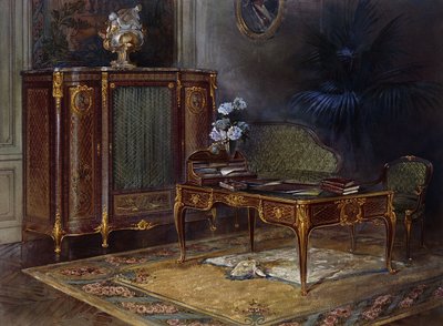 Et interiør med en Louis XV-stil Ormolu-montert og Parkett Bureau Plat og Bibliotheque 43,4 cm., av French School