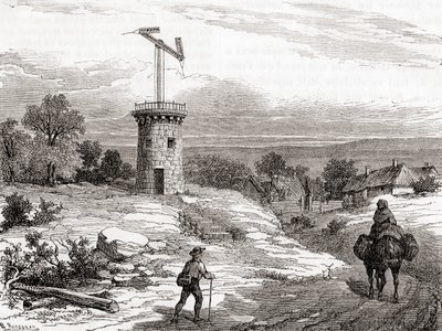 En lufttelegrafpost på 1700-tallet, fra Les Merveilles de la Science, publisert ca. 1870 (gravering) av French School