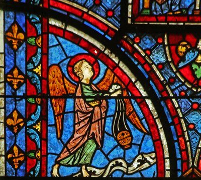 En engel - fra vinduet Death and Glorification of the Virgin Mary av French School