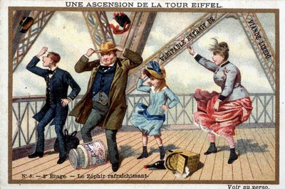En bestigning av Eiffeltårnet: i 2. etasje, en forfriskende zefir - chromo. Liébig, deb. Det 20. århundre av French School