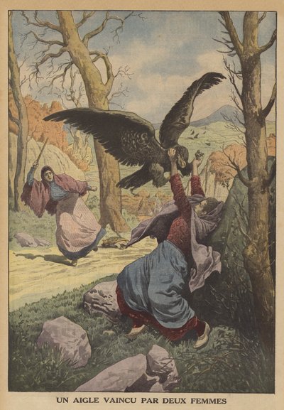 En ørn beseiret av to kvinner (farge litho) av French School