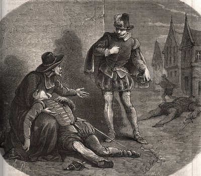 An emissary of the King of France Henry III (1551-1589) was found dying in the streets of Rome in 1582. He carried a compromising message from the king concerning his sister, Marguerite de Valois (1553-1615), known as Queen Margot. Engraving from 1871 in “ av French School