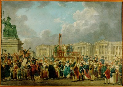 En henrettelse på Place de la Revolution, den tidligere plassen Louis XV, nå Place de la Concorde, Paris … (olje på tre) av French School