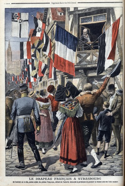 En gammel fransk soldat i tysk-okkuperte Strasbourg har lov til å vise det franske flagget - "Le Petit Journal" 20. september 1908 (gravering) av French School