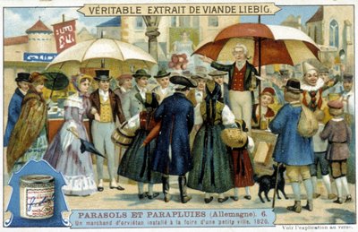 En orvietansk kjøpmann (charlatan) installert på messen i en liten by i Tyskland - Reklameetikett Liébig, v.1900 av French School