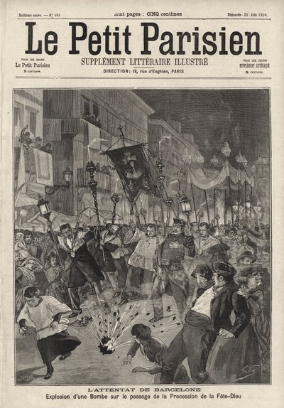 Anarkistisk bombeangrep på Corpus Christi-prosesjonen som forlot Santa Maria-kirken, Barcelona, Spania av French School