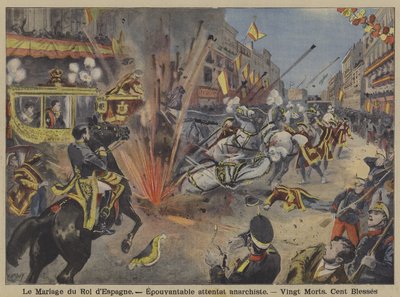 Anarkistisk bombeangrep på bryllupsprosesjonen til kong Alfonso XIII og dronning Victoria Eugenie av Battenberg i Madrid av French School