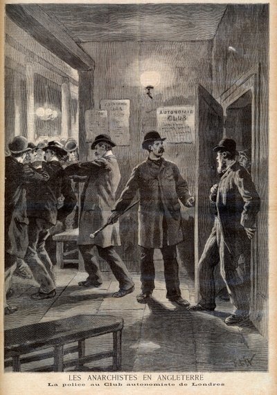 Anarkister i England. Politiet raiderte Autonomy Club i London. Anarkister i England. Politiet ved London Autonomist Club. Illustrasjon for Le petit Journal, 5. mars 1894 av French School