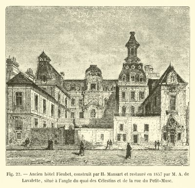 Tidligere Fieubet-hotell, bygget av H Mansart og restaurert i 1857 av M A de Lavalette, som ligger på hjørnet av Quai des Celestins og Rue du Petit-Musc av French School
