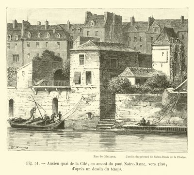 Tidligere quai de la Cite, oppstrøms fra Notre-Dame-broen, rundt 1780; fra en tegning av tiden av French School
