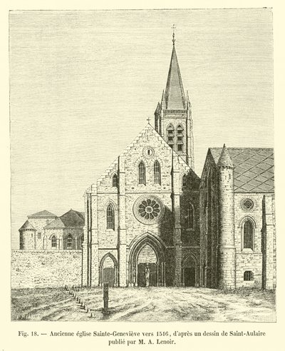 Tidligere Sainte-Genevieve kirke rundt 1516, etter en tegning av Saint-Aulaire utgitt av MA Lenoir av French School