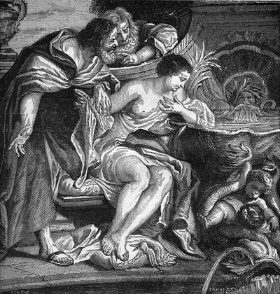 Ancient Egypt: Cheops imagined to prostitute his daughter to pay for the construction of the Pyramids (procuring). Engraving in “The history of prostitution and debauche among all the peoples of the world from antiquity to the present day” by Dr. Th. -F. D av French School