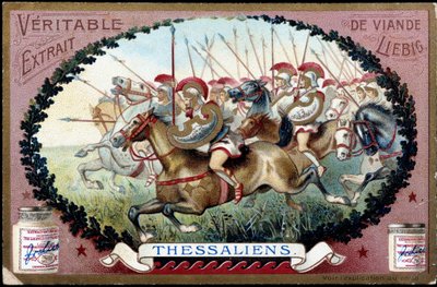 Antikkens Hellas: Thessalia i antikken. Thessalisk kavaleriangrep mot romerne. Liebig-kromolitografi fra slutten av 1800-tallet. av French School