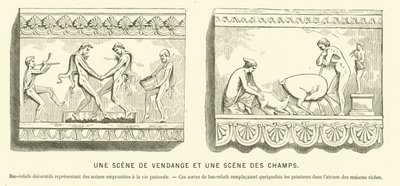 Gamle romerske basrelieffer som viser en druehøst og en scene i åkrene (gravering) av French School