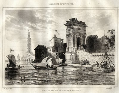 Ancona - Ancona - Italy - The Arch of Trajan, ancient Roman work attributed to Apollodoro - The Arch is placed in Ancona - Engraving from “” Italy Picturesque”” - Historical and Descriptive Painting of Italy” by M. de Norvins, Ch. Nodier 1834-1836. av French School