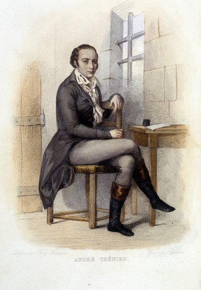 Andre Chenier (1762-1794), fransk poet, ved conciergen - i "Le Plutarque francais", red. Mennechet av French School