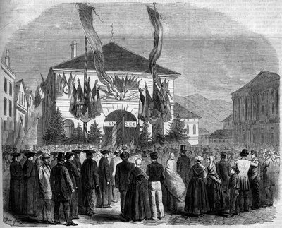 Annektering av Savoie til Frankrike, Chambery, 22. april 1860: befolkningens avstemning om Savoies tilknytning til Frankrike. Gravering i "" Le Monde Illustré"" nr. 160 av 5. mai 1860. av French School